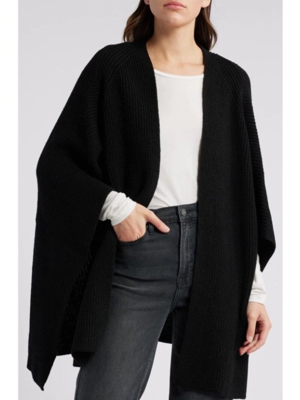 AllSaints Travelling Rib Chunky Knit Ruana Open Cardigan Black Wool One Size NWT